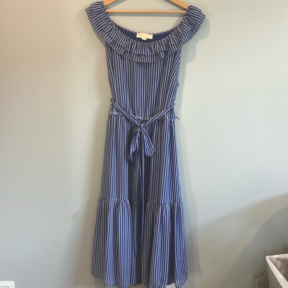 Michael Kors 2X Lined Striped Belted Sundress Flutter Cao Sleeve Scoop Neck MIDI
